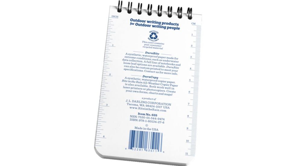 Rite in the Rain Durarite Top Spiral Notebook,3x5in,White 635