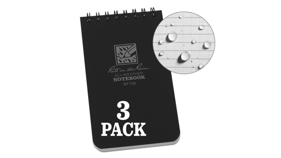 Rite in the Rain Top Spiral Notebook, 3''x5'', 3-pack, Black, 735-3