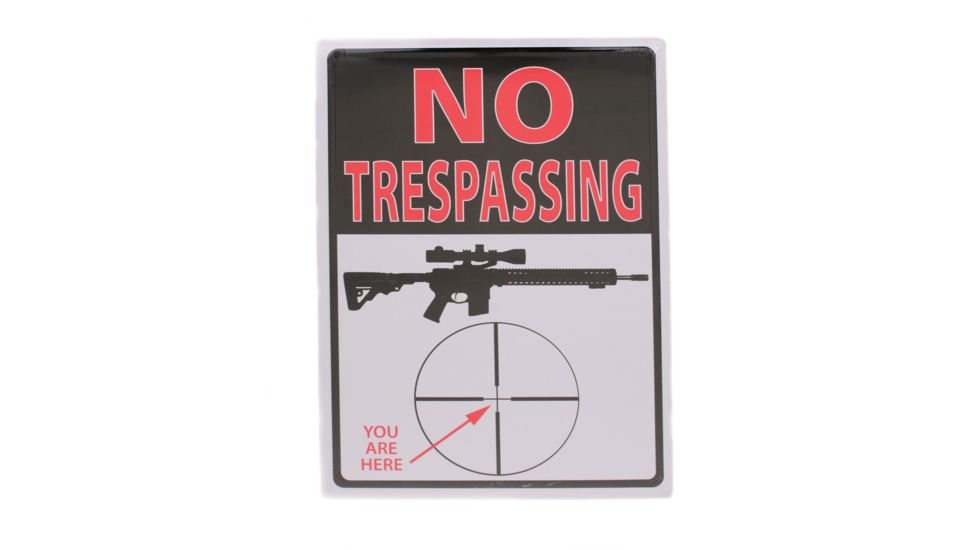 River's Edge 12in.x17in. Weatherpoof Rolled Edge Tin Sign, Trespassing You're Here, 16in. Description 184630