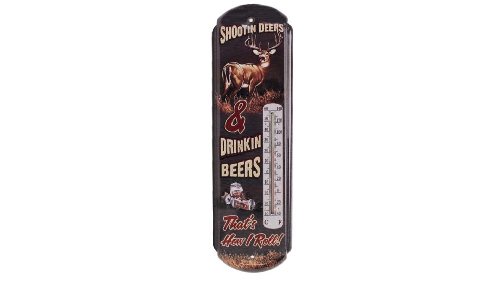 River's Edge 5in.x17in. Tin Durable Power Coated Thermometer, Shootin Deers 184557