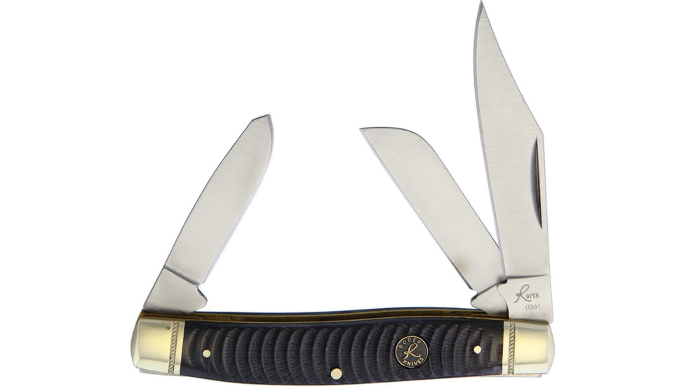 Roper Knives Ash Viper Stockman Folding Knife, Satin 1065 Carbon Steel Clip, Sheepsfoot, Spey Blades, Black Jigged Bone Handle, RP0001CBR