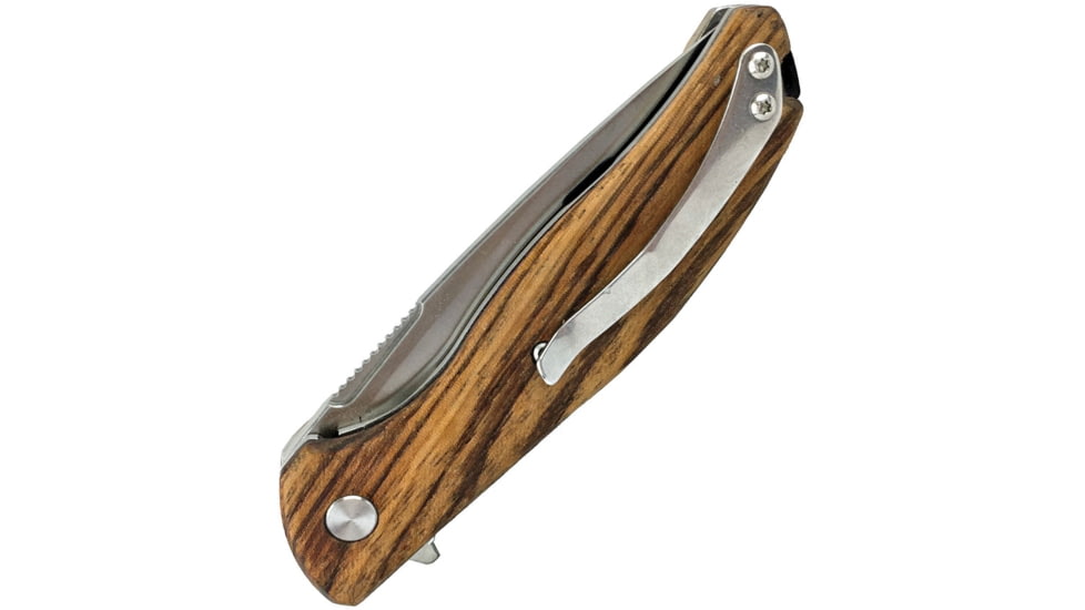 Roper Knives Outlaw Linerlock Folding Knife, 3.25in Satin Partially Serrated D2 Tool Steel Drop Point, Zebra Wood Handle, RP0035ZW