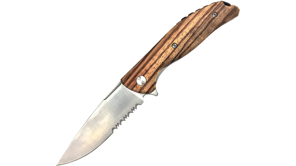 Roper Knives Outlaw Linerlock Folding Knife, 3.25in Satin Partially Serrated D2 Tool Steel Drop Point, Zebra Wood Handle, RP0035ZW
