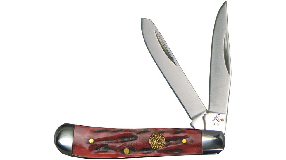 Roper Knives Peanut Jigged Folding Knife,Standard Edge,Clip and Spey,Red,Bone Handle RP0006CRB