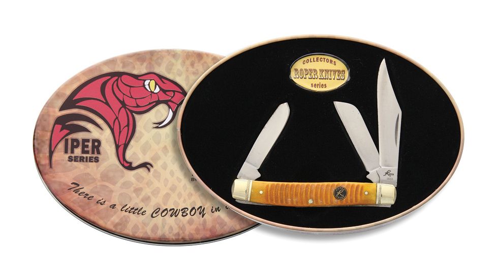 Roper Knives Sand Viper Stockman Brown Folding Knife,Standard Edge,Clip,Spey and Sheepsfoot,Satin,Brown,Bone Handle RP0001CART