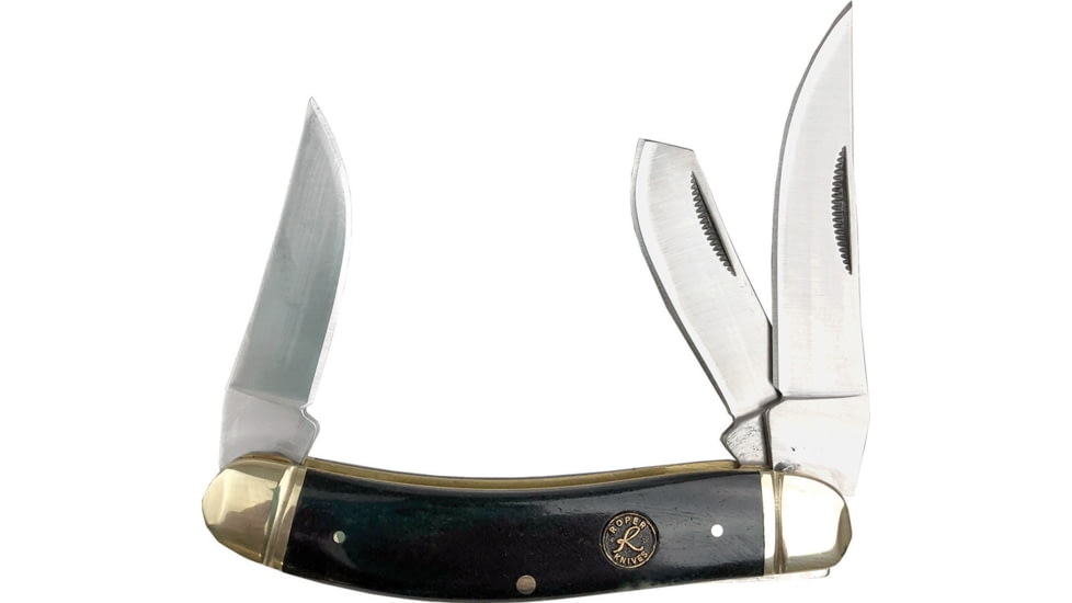 Roper Knives Sowbelly Stockman Folding Knife, Satin 1065 Carbon Steel Large Clip, Small Clip, Spey Blades, Black Smooth Bone Handle, RP0010CBK