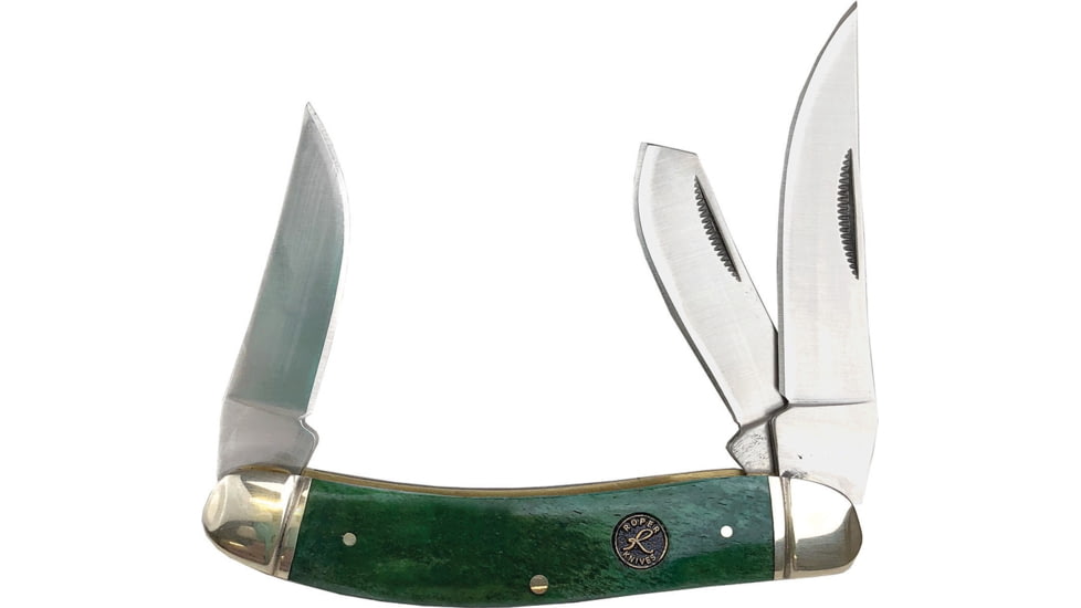Roper Knives Sowbelly Stockman Folding Knife, Satin 1065 Carbon Steel Large Clip, Small Clip, Spey Blades, Green Smooth Bone Handle, RP0010CGB