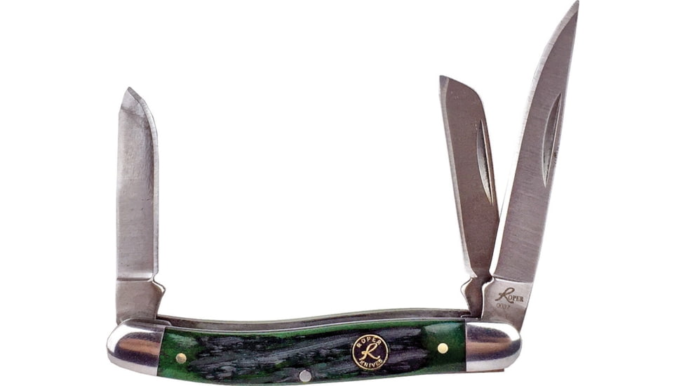 Roper Knives Stockman Bone Carbon Folding Knife, Satin 1065 Carbon Steel Clip, Sheepsfoot, Spey Blades, Green Jigged Bone Handle, SS Bolster, RP0001CGB