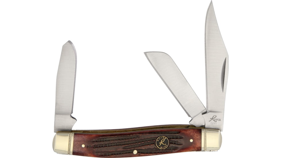 Roper Knives Tobacco Stockman Folding Knife, Satin 1065 Carbon Steel Clip, Spey, Sheepsfoot Blades, Brown Jigged Bone Handle, RP0001CTB