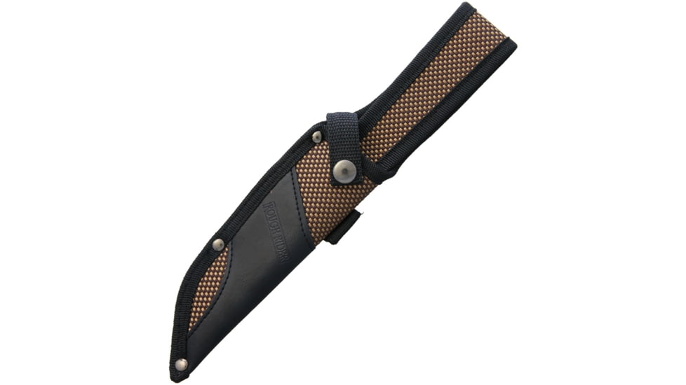 Rough Rider Knife, 10.25in Overall, 6in Black Stonewash SS Tanto Blade, Stacked Leather Handle, SS Guard, Glass Breaker, Black Nylon Sheath, CZC05