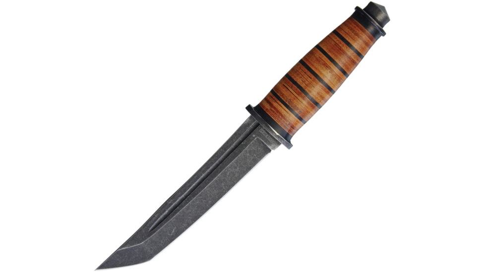 Rough Rider Knife, 10.25in Overall, 6in Black Stonewash SS Tanto Blade, Stacked Leather Handle, SS Guard, Glass Breaker, Black Nylon Sheath, CZC05