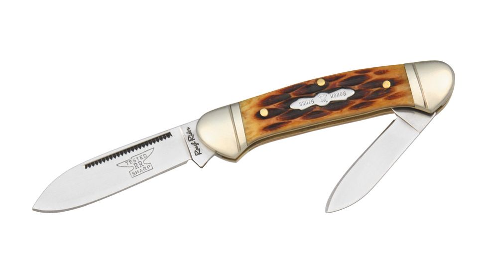 Rough Rider Mini Canoe Fold Knife, SS spear and pen blade, Amber jigged bone handle RR058