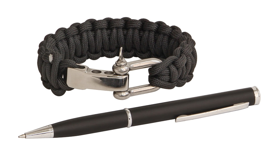 Rough Rider Silver Pen/Bracelet Combo - Paracord Bracelet w/ Silver Metal Hardware, Black Ink Pen With Pocket Clip, Black, CZ01/CD304