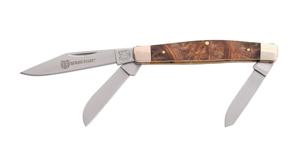 Rough Rider Stockman Fold Knife 3 3/8in., Clip, spey and sheepsfoot blade, Light root wood handle RR261
