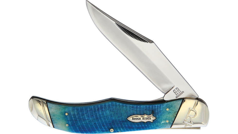Rough Rider Black and Blue Folding Hunter Folding Knife, 4.25 mirror finish stainless clip blade, Blue sculpted bone handle, KD06R RR2117