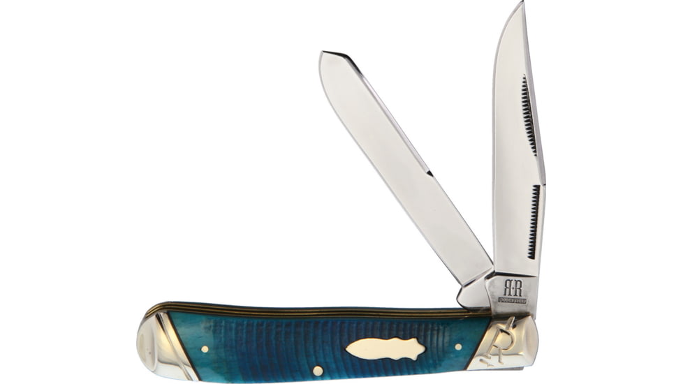 Rough Rider Black and Blue Trapper Folding Knife, Mirror finish stainless clip and spey blades, Blue sculpted bone handle, KB201R RR2115