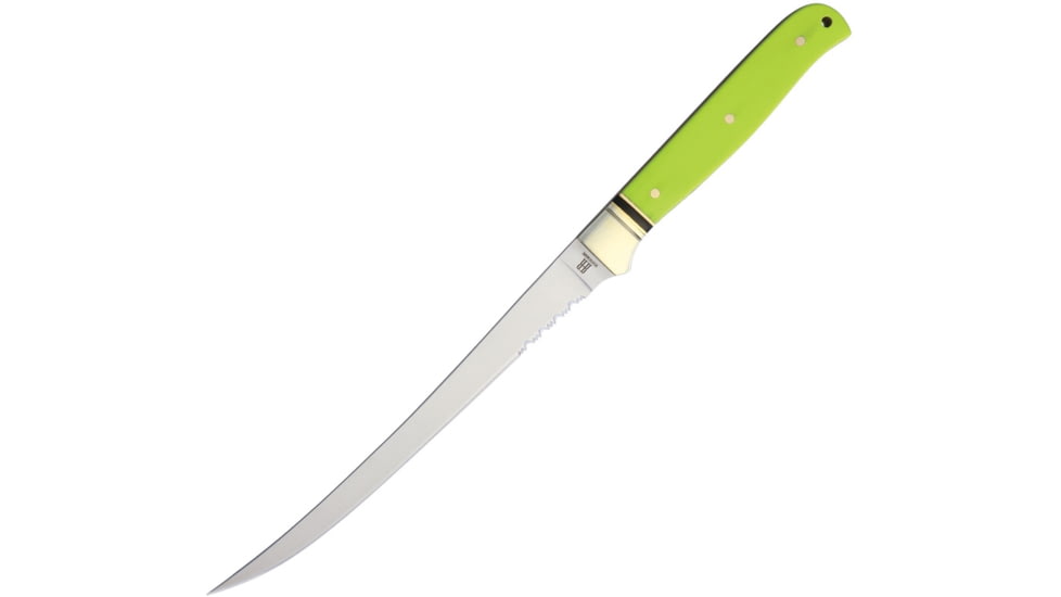 Rough Rider Fillet Fixed Blade Knife, 11.75in Overall, 7in Satin Partially Serrated SS Fillet Blade, Neon Green G10 Handle, Nickel Silver Bolster, Black Nylon Belt Sheath, BZ010951