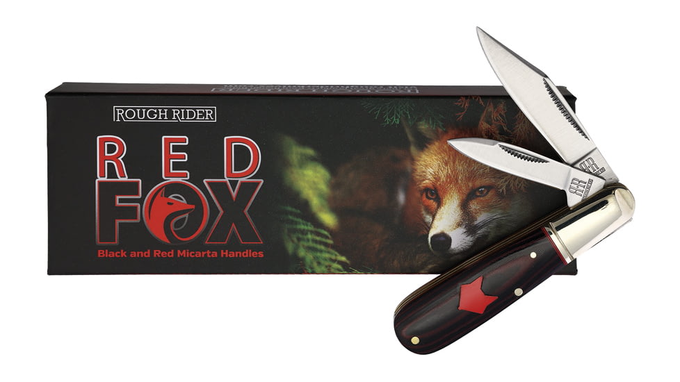 Rough Rider Red Fox Barlow Folding Knife, 3in Closed, Satin Stainless Clip/Pen Blades, Black/Red Micarta Handle, RR2294 KB229R