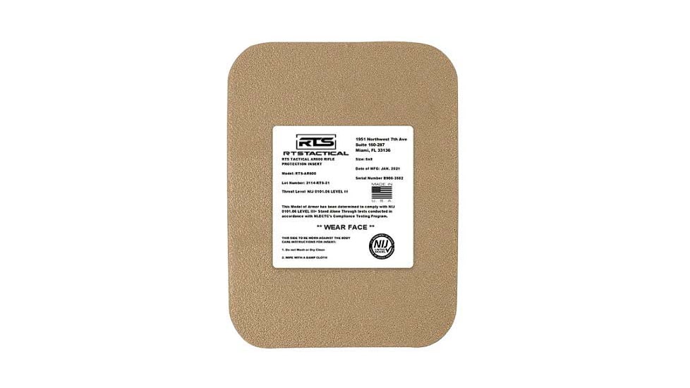 RTS Tactical AR600 NIJ 0101.06 Level III+ Side Plate Insert - 6X8 - Base Coat, Tan, RTS-45400-5