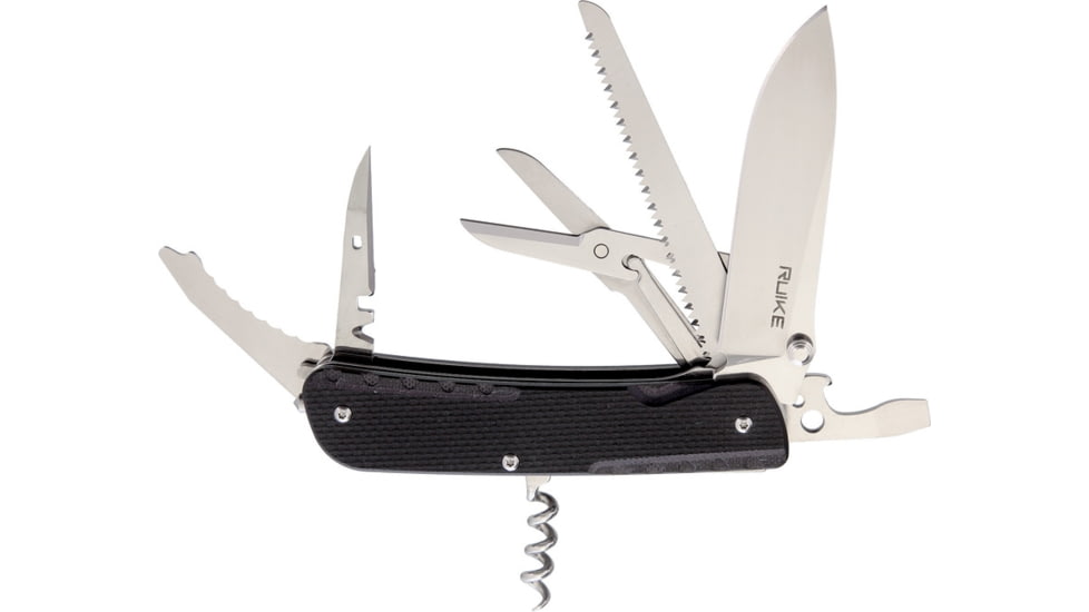 RUIKE LD42 Multifunctional Knife Multi-Tools, Folding Knife, 4.5in Closed, 3.5in Mirror 12C27 Sandvik SS Blade, Black Textured G10 Handle, Thumb Stud, Black, LD42-B