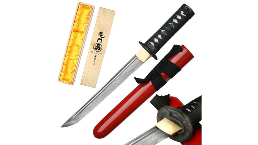 Ryumon Fixed Blade, 17in, High Carbon Damascus Steel Blade, Cotton Wrapped With Real Ray Skin Handle RY-3046