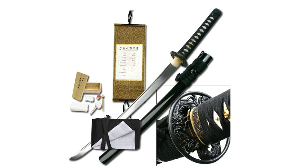 Ryumon Royal Dragon Wakizashi, 19.5in Handforged 1095 High Carbon Steel With Blood Grove Blade, Dragon Guard With Real Ray Skin Handle, RY-3050M