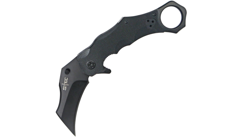 S-TEC Karamabit Linerlock Folding Knife, 5.25in Closed, 2.75in Black SS Karambit Blade, Black G10 Handle, Finger Ring, Thumb Stud, Black Nylon Sheath, TS005