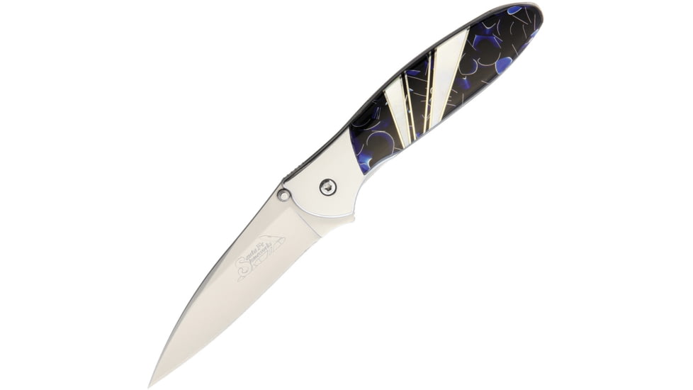 Santa Fe Stoneworks Custom Kershaw Leek Mtalpo A/O Folding Knife, Custom Leek Framelock, 4in Closed, 3in Bead Blast Finish Blade, Raffir Metalpool Blue/Mother Of Pearl Handle, 1660 MTALPOOL BLUE