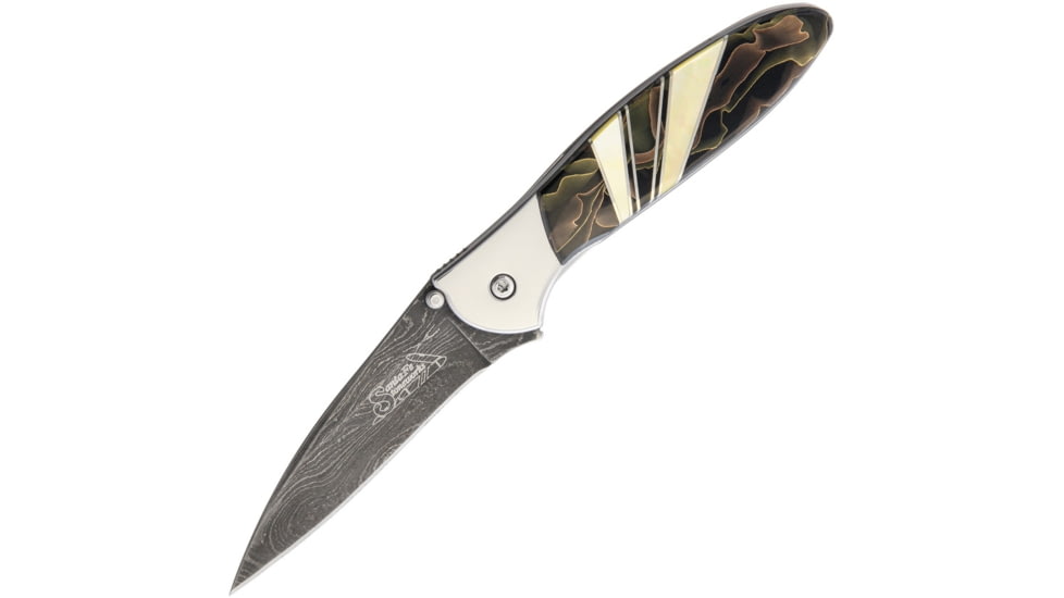 Santa Fe Stoneworks Custom Leek Damascus Noble A/O Folding Knife, Custom Leek Framelock, 4in Closed, 3in, Synthetic Handle, Raffir Noble Brass And Bronze w/Gold Lip Pearl Handle, 1660DNOBLEBRASSBRONZE
