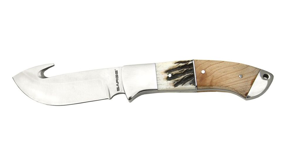 Sarge Fixed blade Guthook, 8in., 440 stainless guthook blade, Maple burl wood handle SK912