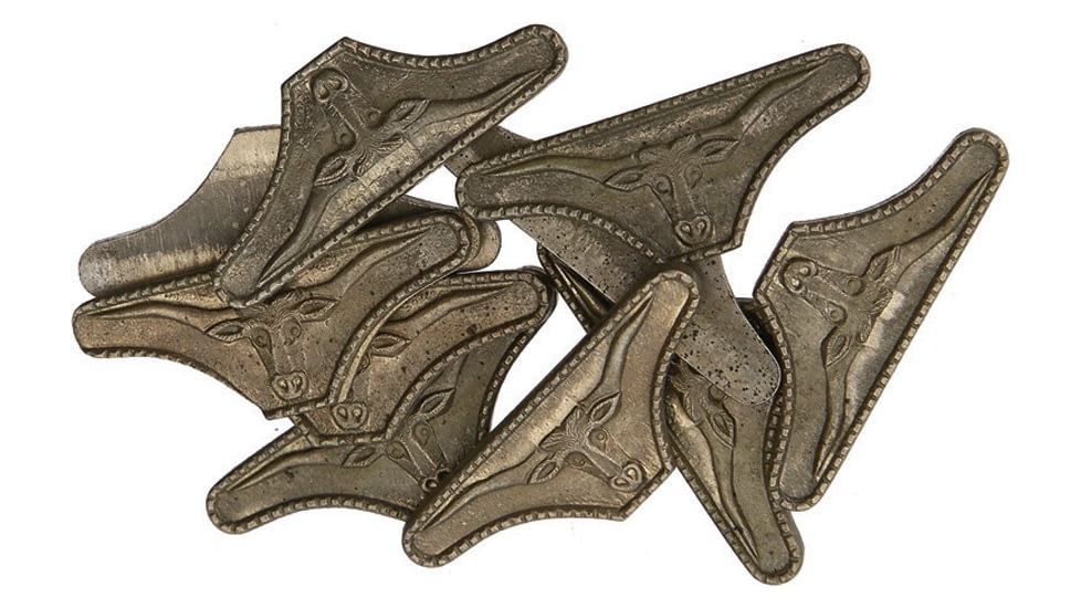 Schrade Long Horn Shield, Long Horn Design, Antique Brass Finish, 1in Overall, Package Of 10, S416
