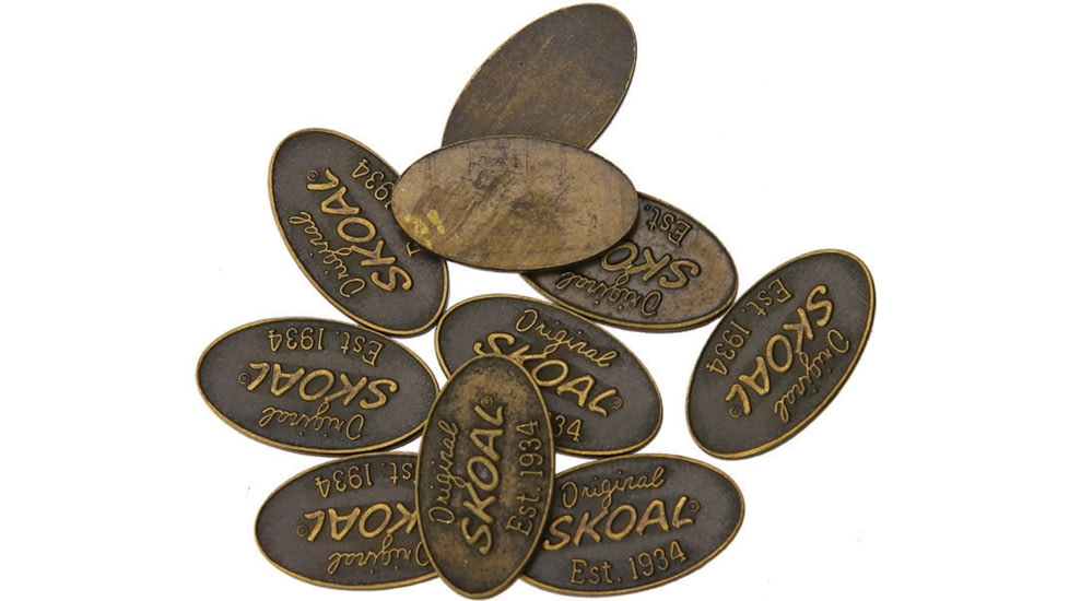 Schrade Skoal Shield, Oval Design, Antique Brass Finish, 11/16in Overall, Embossed Original Skoal Est, 1934, Package Of 10, S420