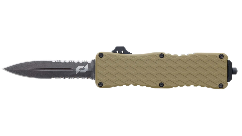 Schrade Uproar Tactical D/A OTF Folding Knives, 3.5in, D2 Steel, Dagger Serrated Blade, FDE Aluminum Handle, 1159305