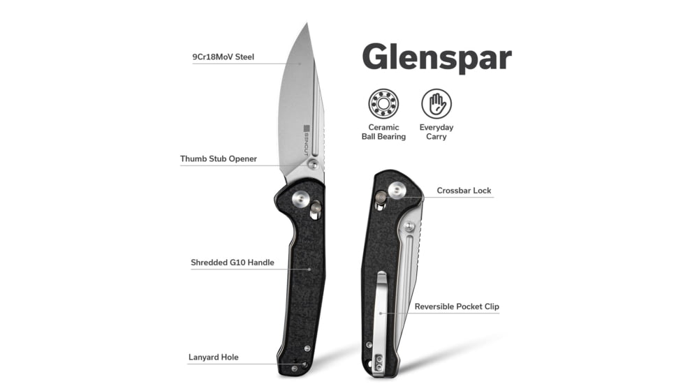 SENCUT Glenspar Thumb Stud &amp; Crossbar Lock Knife Black Shredded G10 Handle 3.45inch Stonewashed 9cr18mov Blade
