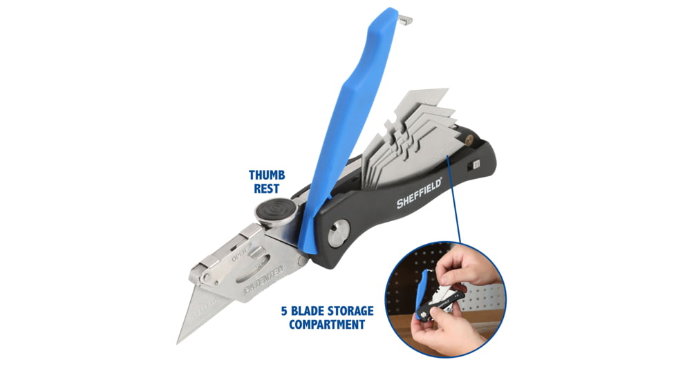 Sheffield Quick Change Lock Back Utility Folding Knife, 4in, ABS Handle, Blue, 12119