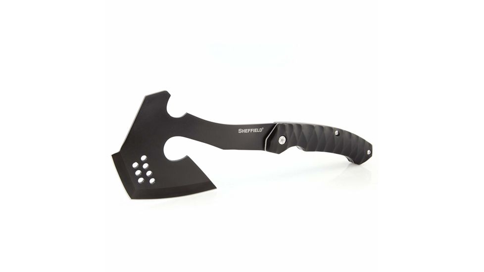 Sheffield Standoff 6in Axe, 6in 420 Stainless Steel Blade with Black Oxide Finish, Scalloped Black ABS Handle, 12153