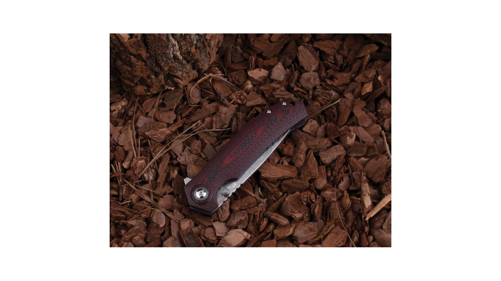 Shieldon Charkos Folding Knife, 5in Closed, 4in Damascus Steel Blade, Black/Red G10 Handle, Nylon Sheath, 7092D1