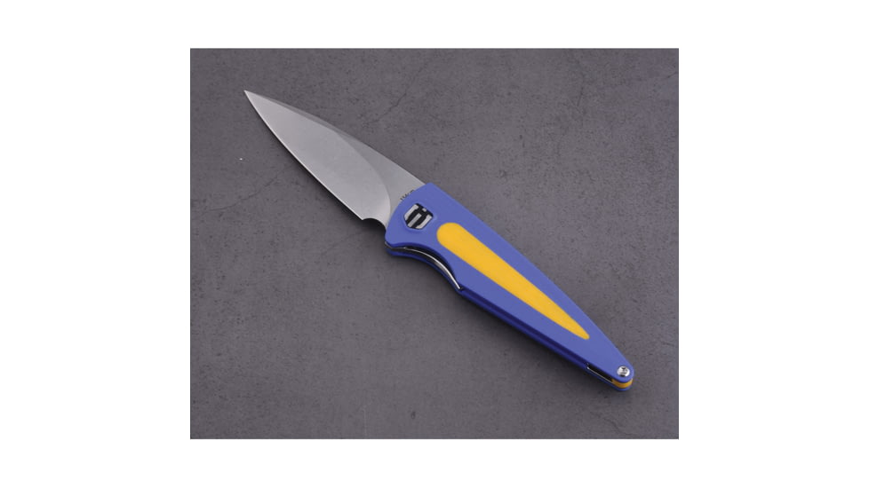 Shieldon Colibri Blue Folding Knife, 4in Closed, 3in Stonewash 154CM Blade, Blue/Yellow G10 Handle, Nylon Sheath, MT01A