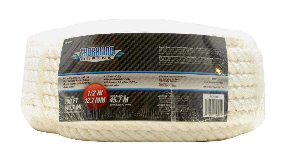 Shoreline Marine Anchor Line - Twisted Nylon, White, 1/2in x 150 075822