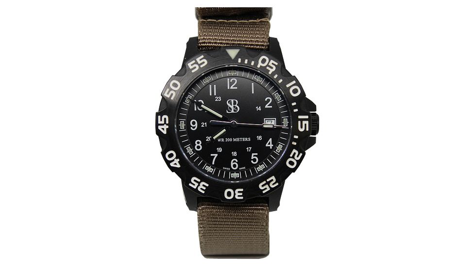 Smith&amp;Bradley Ltd. Sans-13 PVD Black-Coated 42mm Watch, Black Face/Coyote Tan NATO Band Sans-black-CTNATO