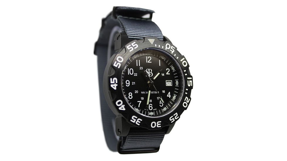 Smith&amp;Bradley Ltd. Sans-13 PVD Black-Coated 42mm Watch, Black Face/Gray NATO Band Sans-black-GNATO