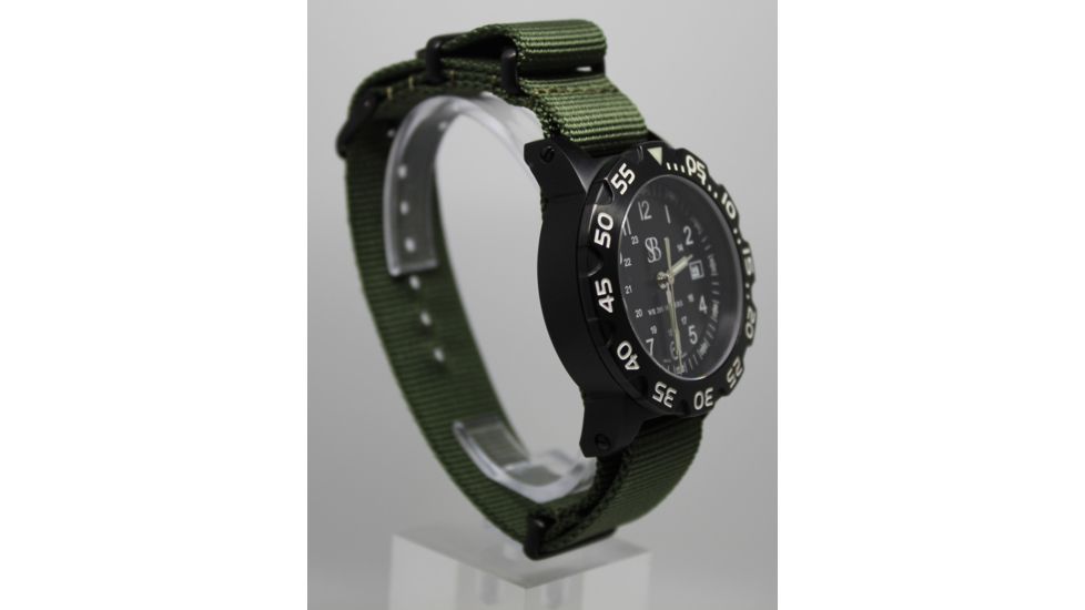 Smith&amp;Bradley Ltd. Sans-13 PVD Black-Coated 42mm Watch, Black Face/OD Green NATO Band Sans-black-ODNATO