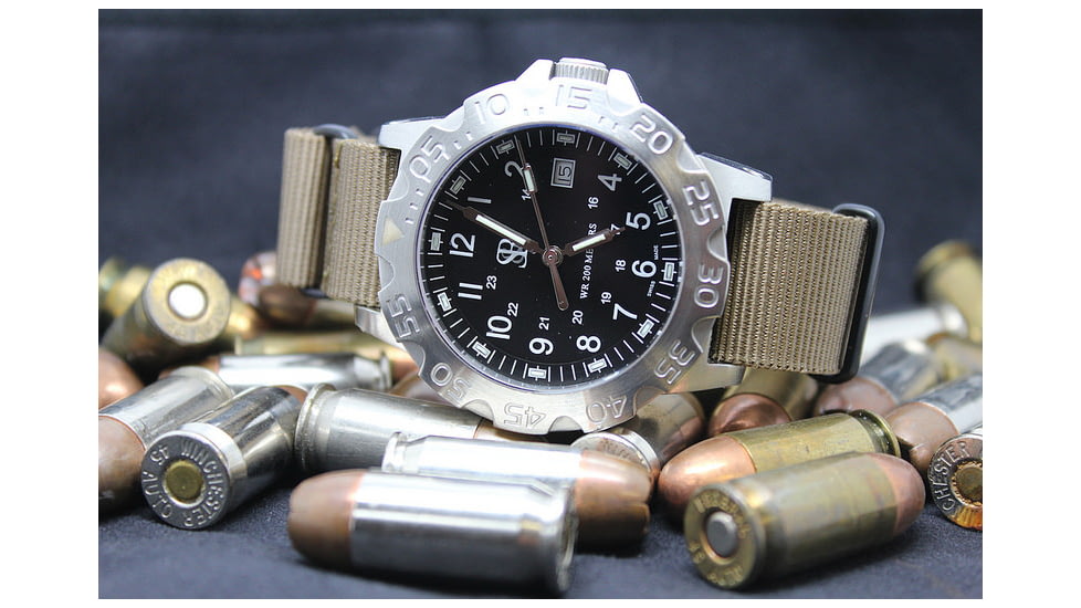 Smith&amp;Bradley Ltd. Sans-13 Stainless Steel 42mm Watch, Black-Silver Face/Coyote Tan NATO Band Sans-stainless-CTNATO