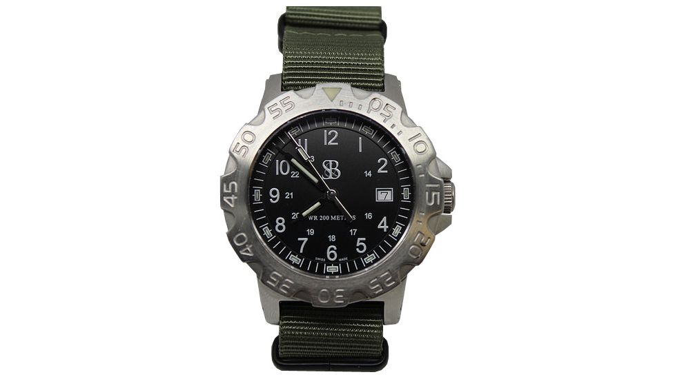 Smith&amp;Bradley Ltd. Sans-13 Stainless Steel 42mm Watch, Black-Silver Face/OD Green NATO Band Sans-stainless-ODNATO