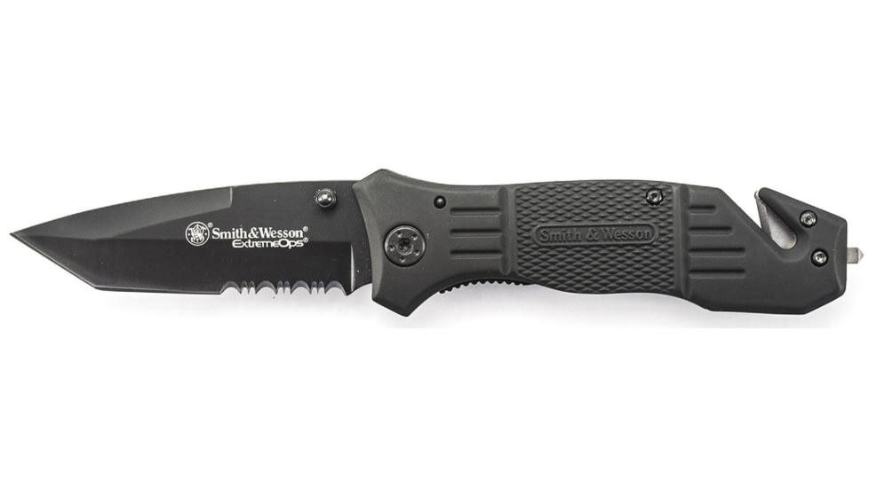 Smith &amp; Wesson 1st Response Liner Lock Folding Knife, 3.3 in, 7Cr17MoV High Carbon Stainless Steel Blade, Drop Point Serrated Blade, Black G10 Handle, SWFR2SCP