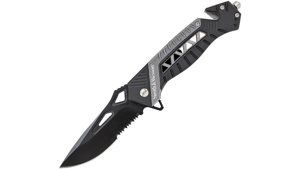 Smith &amp; Wesson Linerlock Folding Knife,3.5in,Partially Serrated,Black, Handle SW608S