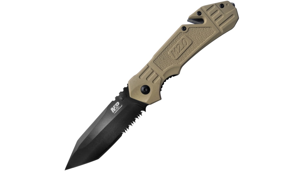 Smith &amp; Wesson M&amp;P Linerlock A/O Folding Knife, 4.63in Closed, 3.25in Black Partially Serrated SS Tanto Blade, Tan Rubberized Aluminum Handle, Belt/Cord Cutter, Pocket Clip, Tan, 1100076