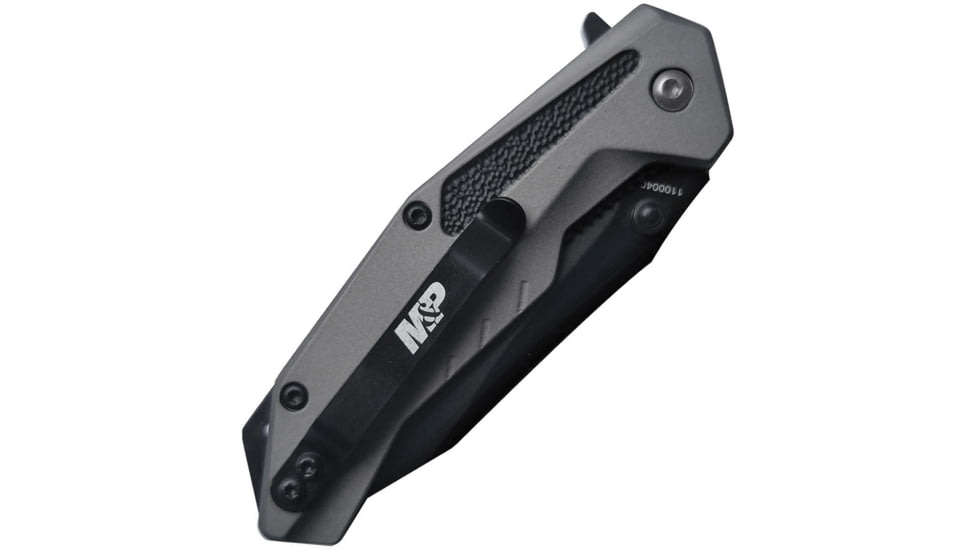 Smith &amp; Wesson M&amp;P Linerlock Folding Knife, 2.75 in, Black Stainless Steel, Rubberized Aluminum, Black/Gray Handle, 3.75in Closed, Thumb Stud, Pocket Clip, 1100040