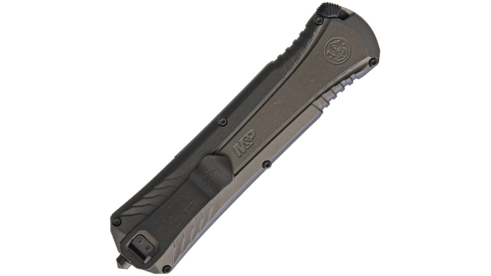 Smith &amp; Wesson Out The Front A/O Folding Knife, 5.25in Closed, 3.25in Black Oxide Coated Double Edge Aus-8 SS Blade, Black Aluminum Handle, 1092048