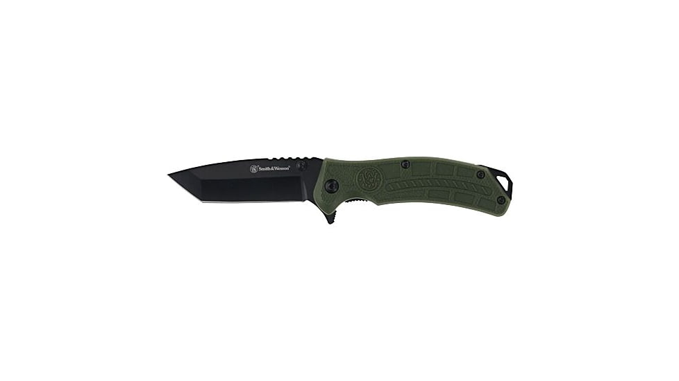 Smith &amp; Wesson Spring Assisted Folding Knife w/Bottle Opener, 3in, Stainless Steel, Tanto Blade, OD Green Polymer Handle, 1208879